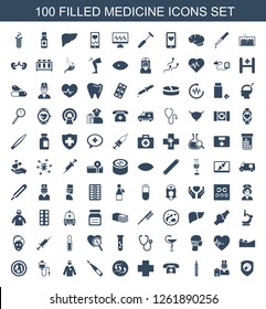 100 medicine icons. Trendy medicine icons white background. Included filled icons such as health insurance, doctor prescription, thermometer. medicine icon for web and mobile.