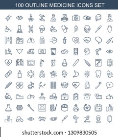 100 medicine icons. Trendy medicine icons white background. Included outline icons such as drop counter, nurse, aroma stick, pipette, medical mask. medicine icon for web and mobile.