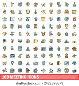 100 meeting icons set. Color line set of meeting vector icons thin line color flat on white