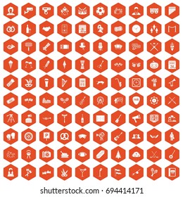 100 meeting icons set in orange hexagon isolated vector illustration