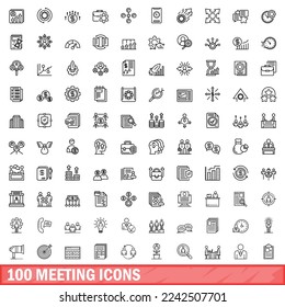 100 meeting icons set. Outline illustration of 100 meeting icons vector set isolated on white background