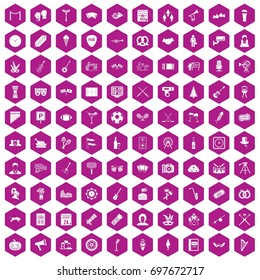 100 meeting icons set in violet hexagon isolated vector illustration