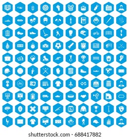100 mens team icons set in blue hexagon isolated vector illustration