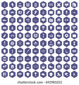 100 mens team icons set in purple hexagon isolated vector illustration