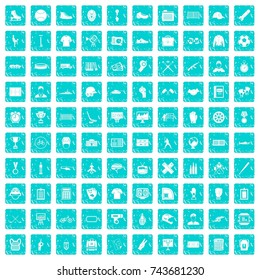 100 mens team icons set in grunge style blue color isolated on white background vector illustration