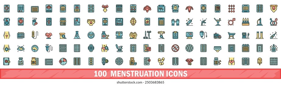 100 menstruation icons set. Color line set of menstruation vector icons thin line color flat on white