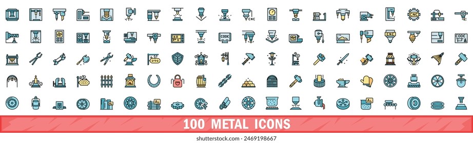 100 metal icons set. Color line set of metal vector icons thin line color flat on white