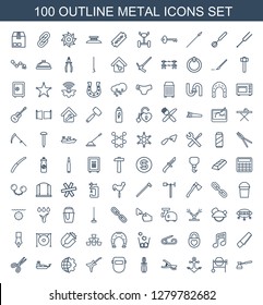 100 metal icons. Trendy metal icons white background. Included outline icons such as turk, concrete mixer, anchor, garden tools, pliers, welder mask. metal icon for web and mobile.