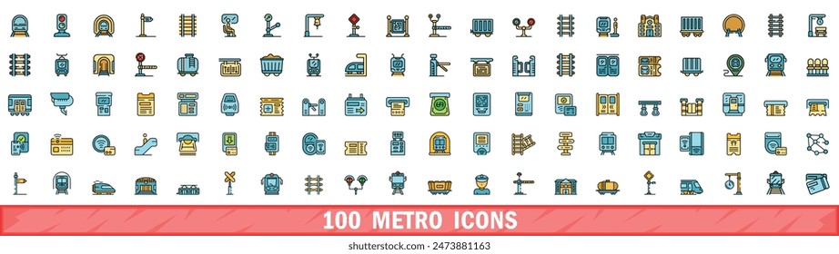 100 Metro-Icons gesetzt. Farbliniensatz von Metro-Vektor-Symbolen Dünne Linie Farbe flach auf weiß