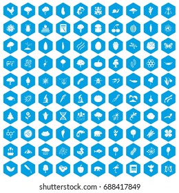 100 microbiology icons set in blue hexagon isolated vector illustration