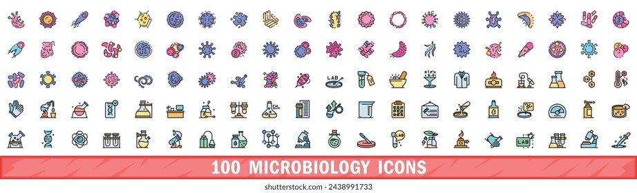 100 microbiology icons set. Color line set of microbiology vector icons thin line color flat on white