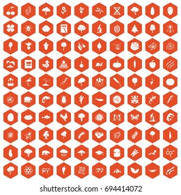 100 microbiology icons set in orange hexagon isolated vector illustration