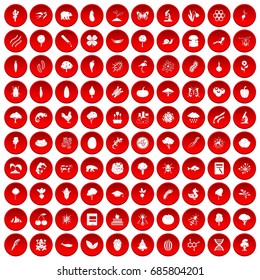 100 microbiology icons set in red circle isolated on white vectr illustration