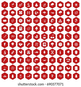 100 microbiology icons set in red hexagon isolated vector illustration