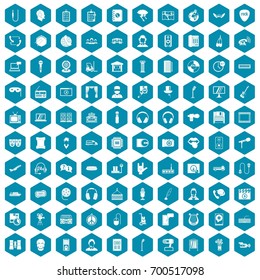 100 microphone icons set in sapphirine hexagon isolated vector illustration