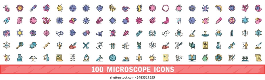 Conjunto de 100 iconos de microscopio. Conjunto de línea de color de iconos vectoriales de microscopio línea fina de color plana en blanco