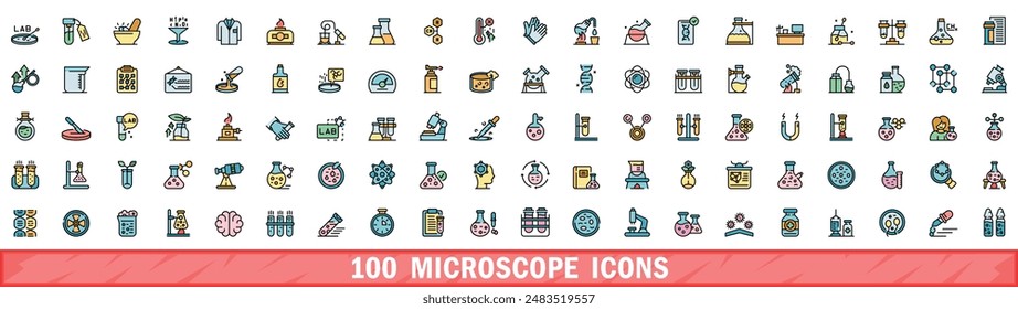 Conjunto de 100 iconos de microscopio. Conjunto de línea de color de iconos vectoriales de microscopio línea fina de color plana en blanco