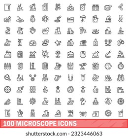 100 iconos de microscopio. Ilustración de esquema de 100 iconos de microscopio conjunto de vectores aislado en fondo blanco