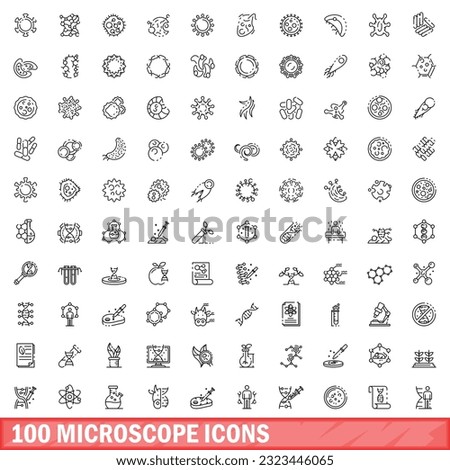 100 microscope icons set. Outline illustration of 100 microscope icons vector set isolated on white background