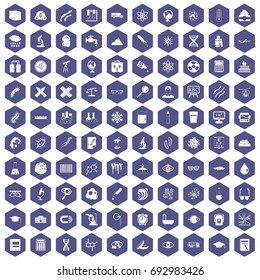 100 microscope icons set in purple hexagon isolated vector illustration