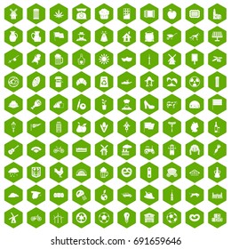 100 mill icons set in green hexagon isolated vector illustration