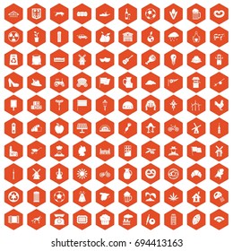 100 mill icons set in orange hexagon isolated vector illustration