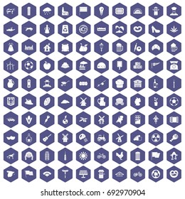 100 mill icons set in purple hexagon isolated vector illustration