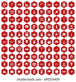 100 mill icons set in red hexagon isolated vector illustration