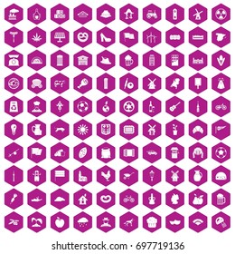 100 mill icons set in violet hexagon isolated vector illustration