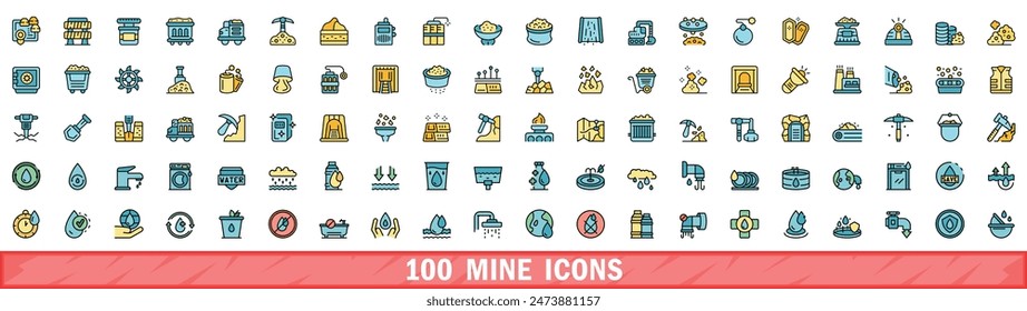 Conjunto de 100 iconos de mina. Conjunto de línea de color de iconos vectoriales de mina línea delgada color plano en blanco