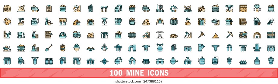 Conjunto de 100 iconos de mina. Conjunto de línea de color de iconos vectoriales de mina línea delgada color plano en blanco