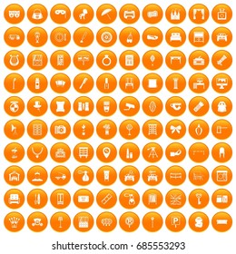 100 mirror icons set in orange circle isolated on white vector illustration