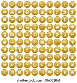 100 misc icons set in gold circle isolated on white vectr illustration