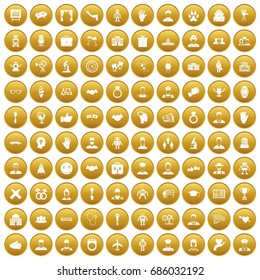 100  miscellanea  icons set in gold circle isolated on white vectr illustration