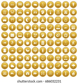 100  miscellanea  icons set in gold circle isolated on white vectr illustration