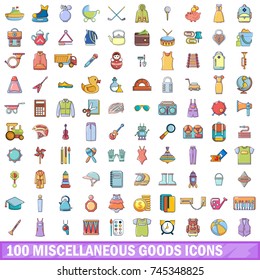 100 miscellaneous goods icons set. Cartoon illustration of 100 miscellaneous goods vector icons isolated on white background