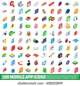 100 mobile app icons isometric set. 3d illustration of 100 mobile app icons isometric vector for any design