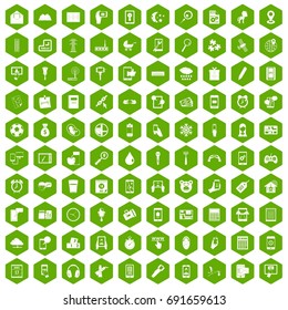 100 mobile app icons set in green hexagon isolated vector illustration