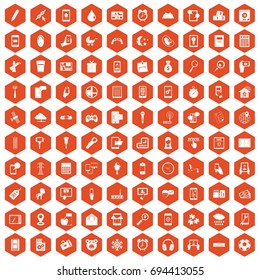 100 mobile app icons set in orange hexagon isolated vector illustration