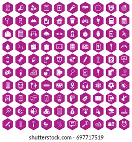 100 mobile app icons set in violet hexagon isolated vector illustration