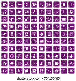 100 mobile app icons set in grunge style purple color isolated on white background vector illustration