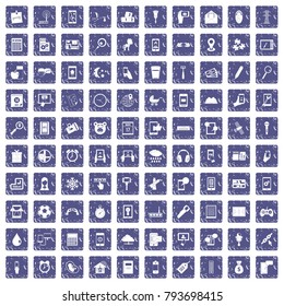 100 mobile app icons set in grunge style sapphire color isolated on white background vector illustration