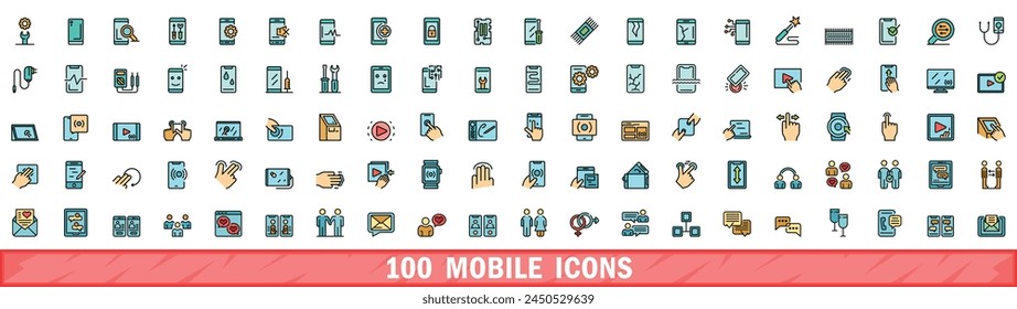 100 mobile icons set. Color line set of mobile vector icons thin line color flat on white