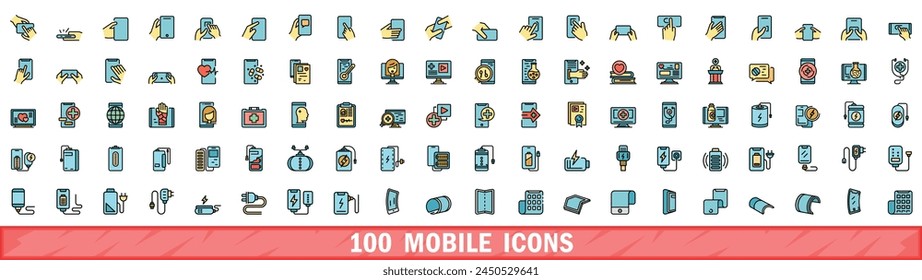 100 mobile icons set. Color line set of mobile vector icons thin line color flat on white