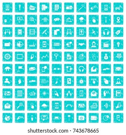 100 mobile icons set in grunge style blue color isolated on white background vector illustration