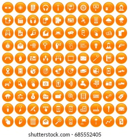 100 mobile icons set in orange circle isolated on white vector illustration