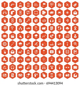 100 mobile icons set in orange hexagon isolated vector illustration