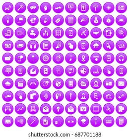 100 mobile icons set in purple circle isolated on white vector illustration