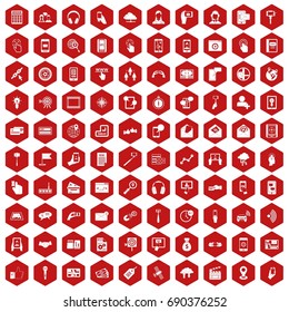100 mobile icons set in red hexagon isolated vector illustration