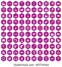 100 mobile icons set in violet hexagon isolated vector illustration